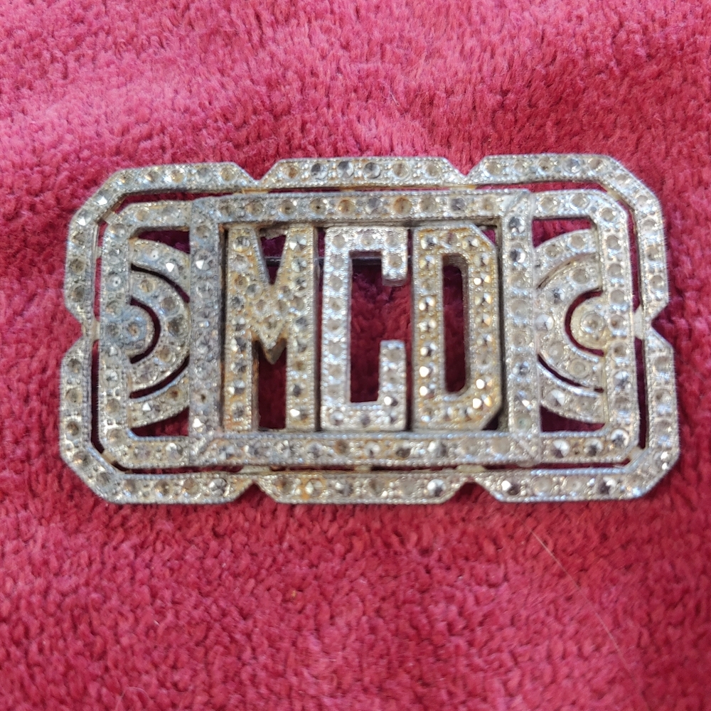 Art Deco Monogram MCD Rhinestone Brooch - Silver Tone
